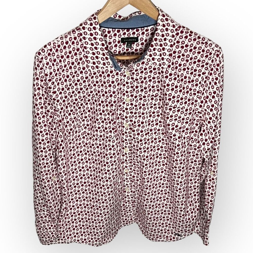 Talbots Red & White Apple Pattern Button Up Shirt with Convertible Sleeves Sz 12 - Picture 4 of 15